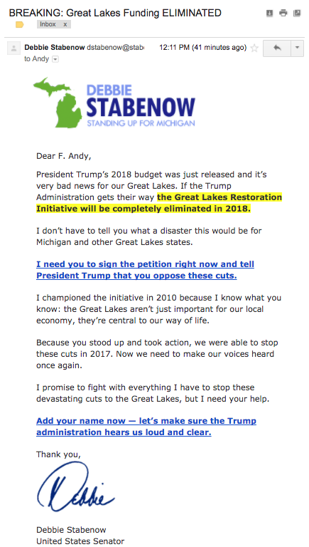 Email from Sen. Debbie Stabenow with Misleading Subject